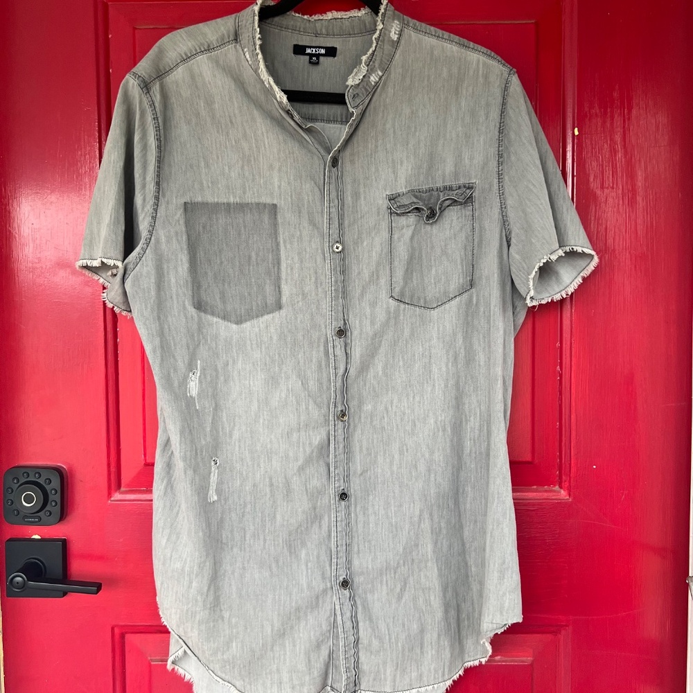 Jackson Men's Short Sleeve XL Shirt Grey Distressed Button Up Casual Wear Street